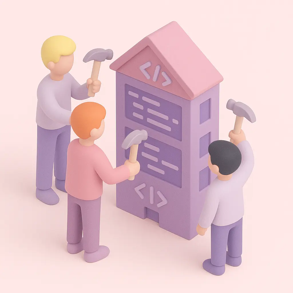 Team constructing a building of code